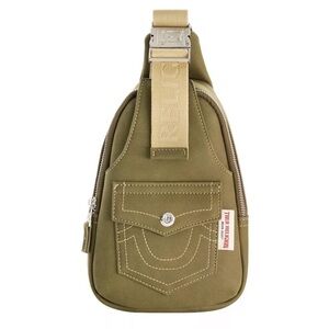 True Religion Suede Sling with Horseshoe Front Pocket Khaki NWT